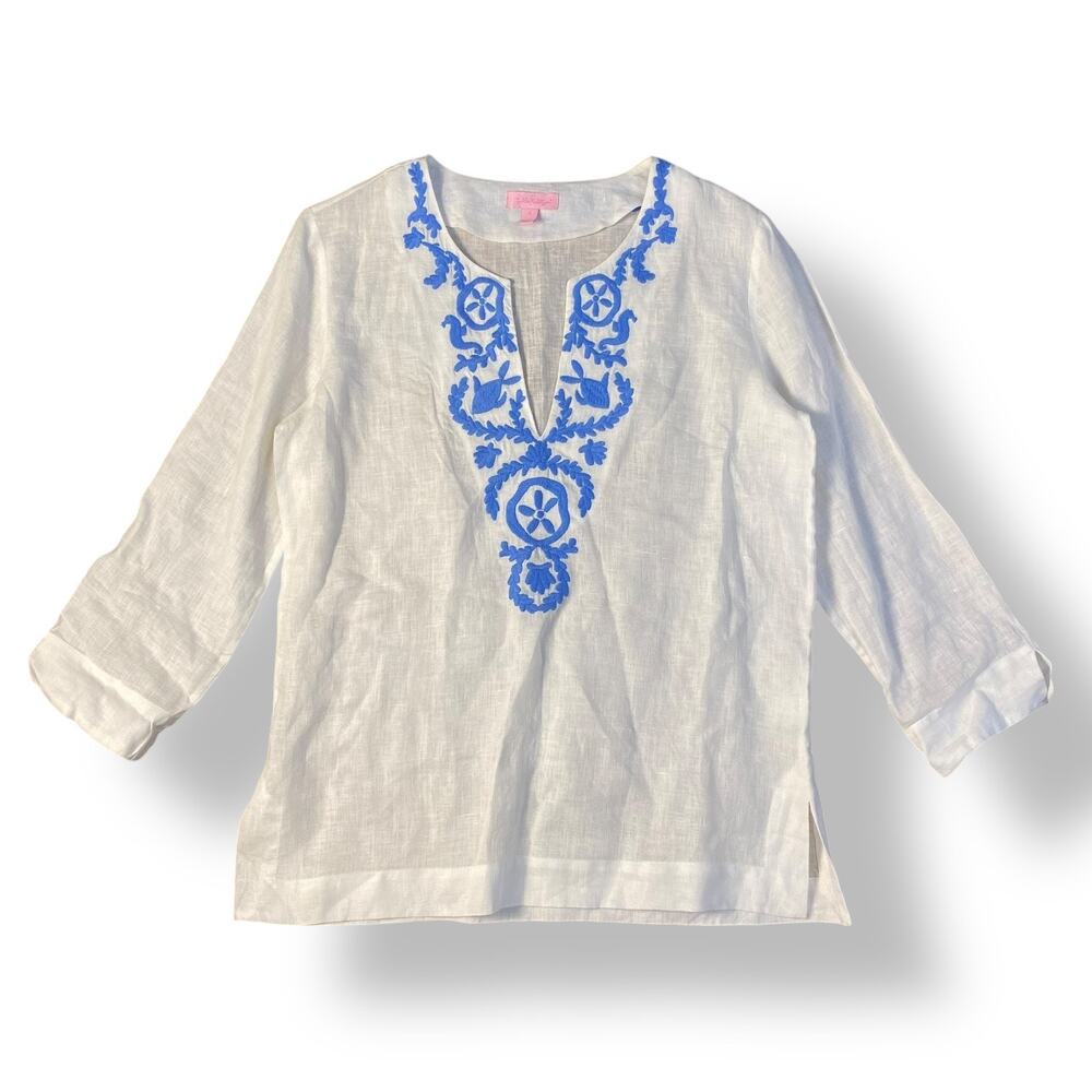 Lilly Pulitzer Amelia Island White Blue Linen Tunic Top Size Small Coastal - Picture 1 of 9
